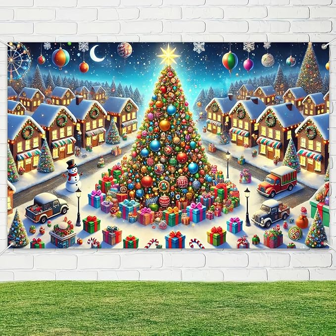 Christmas Village Backdrop 70.9 x 43.3 Inch Winter Wonderland Tree and Snowy Houses Banner with Gifts, Snowman & Lights for Indoor Outdoor Holiday Party Photo Background