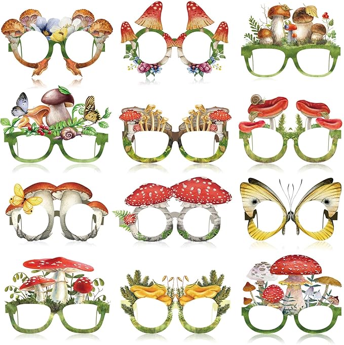 Pajean 36 Pcs Enchanted Forest Party Decorations Mushroom Themed Eyeglasses Wild Mushrooms Paper Glasses Photo Booth Props Frame Favors for Woodland Shower Birthday Party Decor Supplies