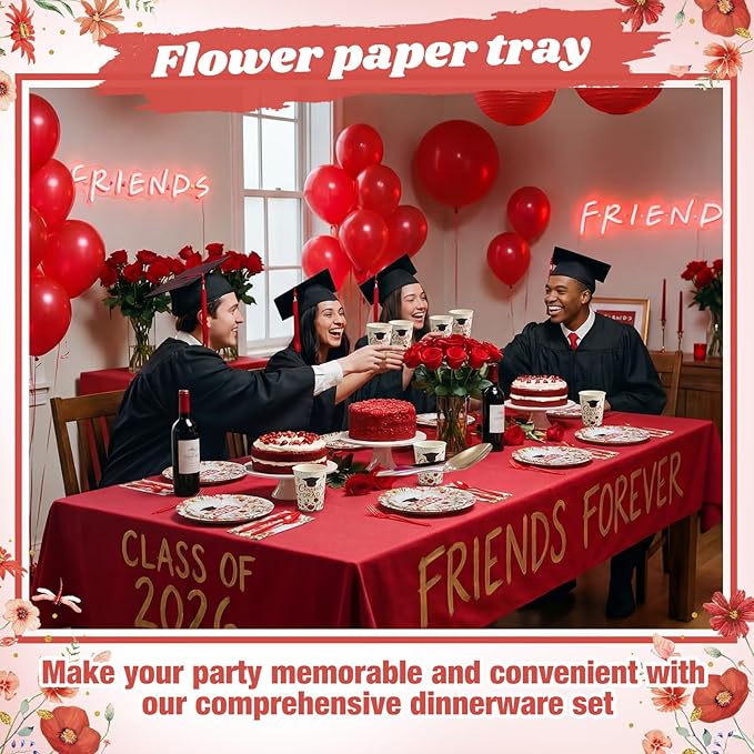 400 Pcs Class of 2026 Red Floral Graduation Decorations for 50 Guests, Red Gold Flower Graduation Paper Plates Napkins and Cups Cutlery Grad Tableware for 2026 Congrats Grad Party Supply