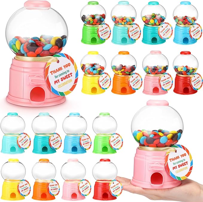 16 Set Candy Theme Party Favors with 5 Inch Mini Candy Dispenser Thank You Cards Plastic Gumball Machines for Birthday Party Supplies Sweet Celebration Decorations