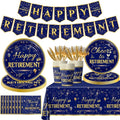 142Pcs Retirement Tableware Party Decorations Happy Retirement Party Supplies Blue Gold Plastic Disposable Banner,Cup,Tablecloth,Plates and Napkins Se