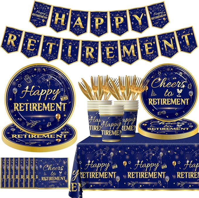 142Pcs Retirement Tableware Party Decorations Happy Retirement Party Supplies Blue Gold Plastic Disposable Banner,Cup,Tablecloth,Plates and Napkins Se