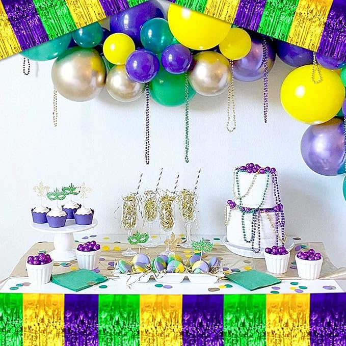 3 Pack 10 Ft Gold Green Purple Foil Fringe Garland Metallic Streamers Tinsel Banner Wall Hanging Garland Backdrop for Parade Floats, Halloween, Christmas, Thanksgiving, New Year Party Decorations
