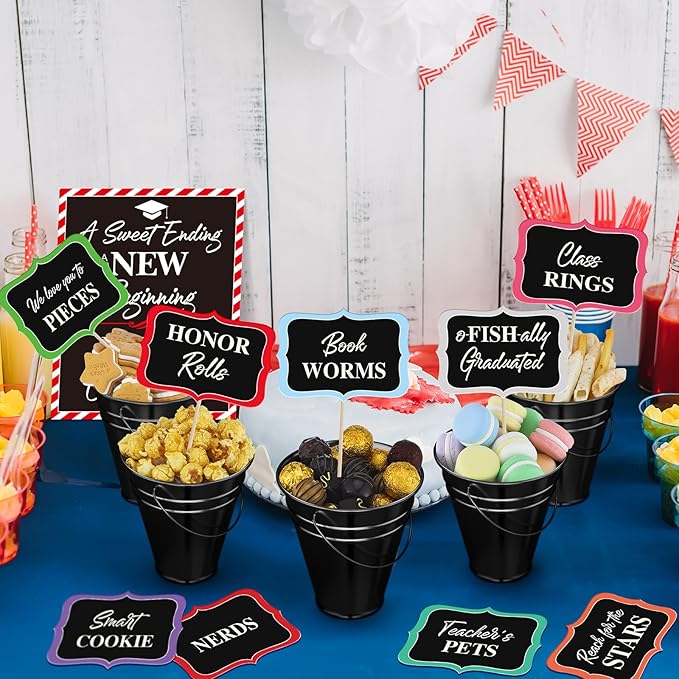 12 Set 2026 Graduation Candy Buffet Party Decoration Graduation Table Candy Bar Snack Labels Signs and 5'' Buckets with Handle for Class of 2026 Party Parties Supplies(Pure Style,Black Color)