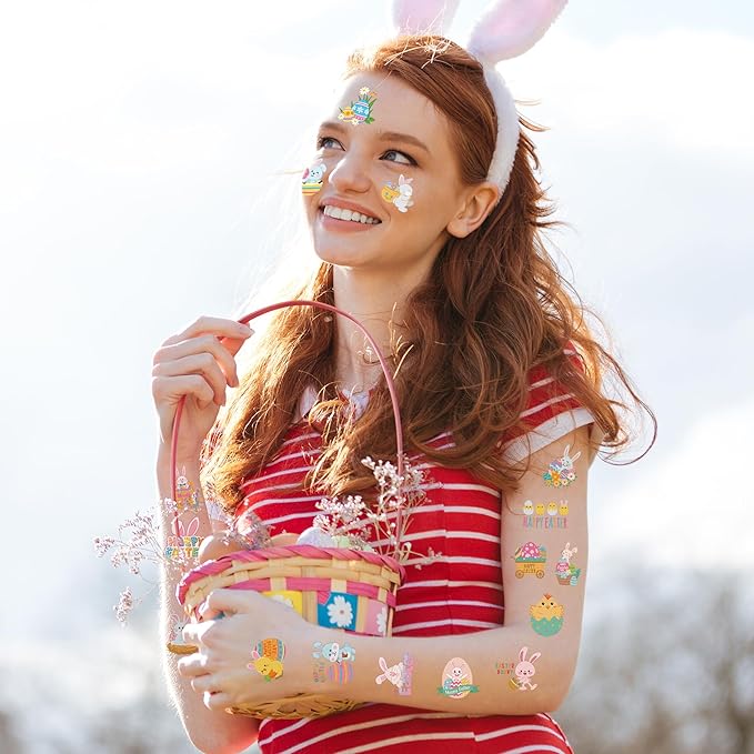 150 PCS Easter Tattoos, 6 Sheets Spring Basket Stuffers Fake Tattoos with Bunny Egg, Cute Individually Stickers for Easter Basket Filler Party Favors Accessories