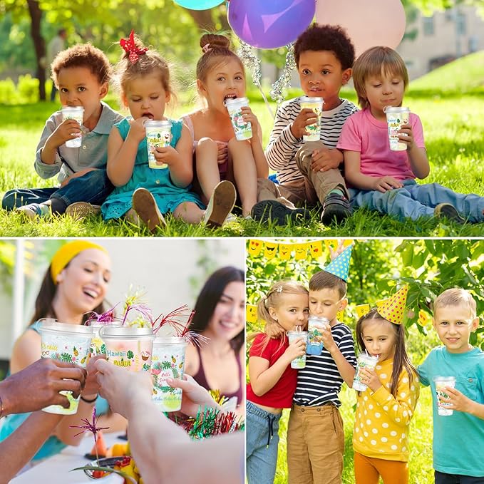 50 Pcs Hawaiian Luau Party Cups 16 oz Summer Disposable Plastic Cups with Lids, Tropical Floral Hibiscus Palm Tree Flamingo Tiki Drinking Cups for Hawaii Beach Pool Birthday Party Drinkware Supplies