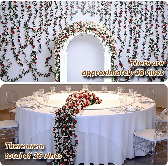 Miracliy 8Pcs 66FT Red Flower Garland, Orange Artificial Rose Floral Vines Fake Hanging Spring Flower Garland for Wall Backdrop Wedding Arch Tea Party Door Mantle Decoration