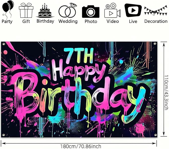 Neon 7th Happy Birthday Banner 71x43 Inch Paint Splatter Glow in The Dark Party Backdrop Colorful Wall Decor for Kids Boys Girls Seventh Birthday Celebrations Photo Booth Props Event
