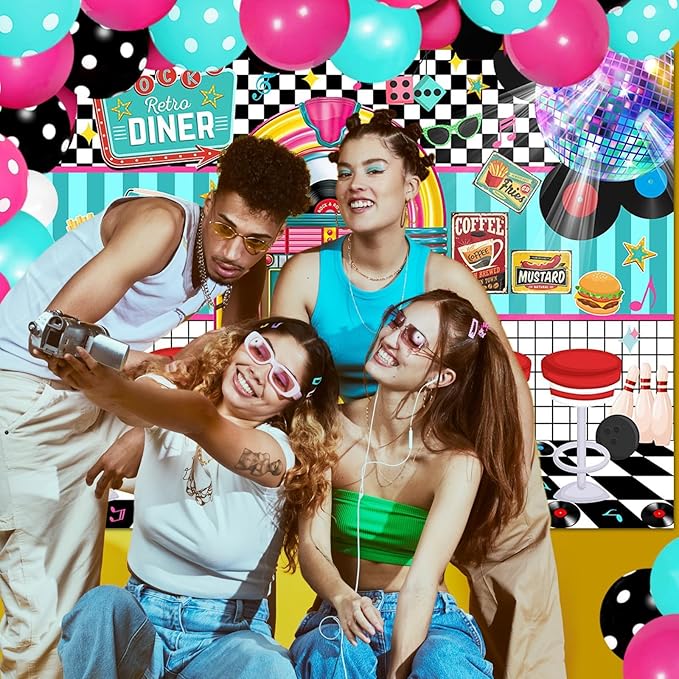 Avezano 50s Retro Diner Party Backdrop 50s Retro Rock and Roll Diner Classic Party Decoration Banner 1950s Sock Hop Decor (96 x 75 Inch)