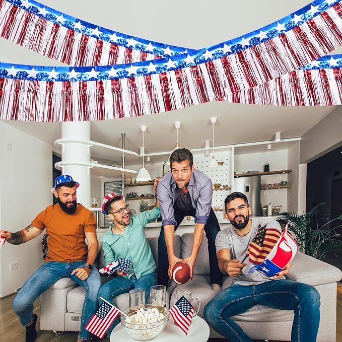 3Pack 30ft 4th of July Decorations Banner USA Stars Foil Fringe Garland Tinsel Streamers Red White and Blue Flag for Independent Memorial Veterans Day Patriotic Party USA 250 Anniversary Decorations