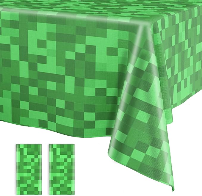 Pixel Miner Tablecloth 2 Packs, Green Plastic Table Cover Disposable Birthday Party Decoration, 54" x 108" Waterproof Tablecloths for Pixel Mining Gaming Themed Birthday Party Decoration Supplies