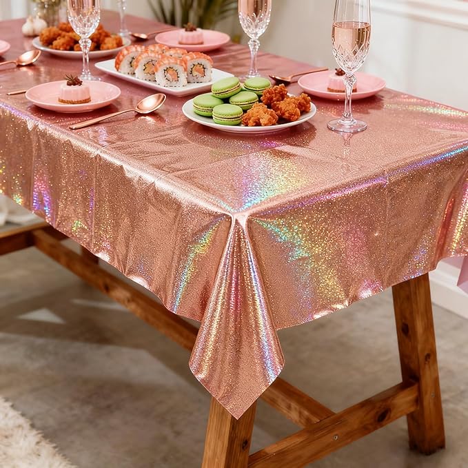 4Pcs Rose Gold Holographic Tablecloths Rectangular Pink Iridescent Tablecloth Shimmer Metallic Table Covers for Girls Women Rose Gold Birthday Decorations, 54 x 108Inch