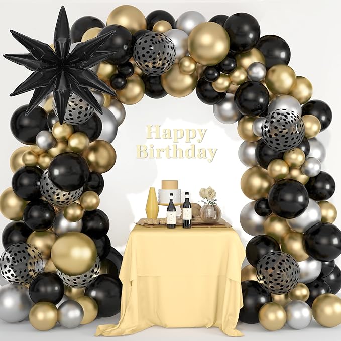 Amandir 145PCS Black and Gold Balloons Garland Arch Kit, 18''12''5'' Silver Metallic Black Gold Foil Balloons for 2026 New Year Men Wedding Anniversary Birthday Graduation Retirement Decorations