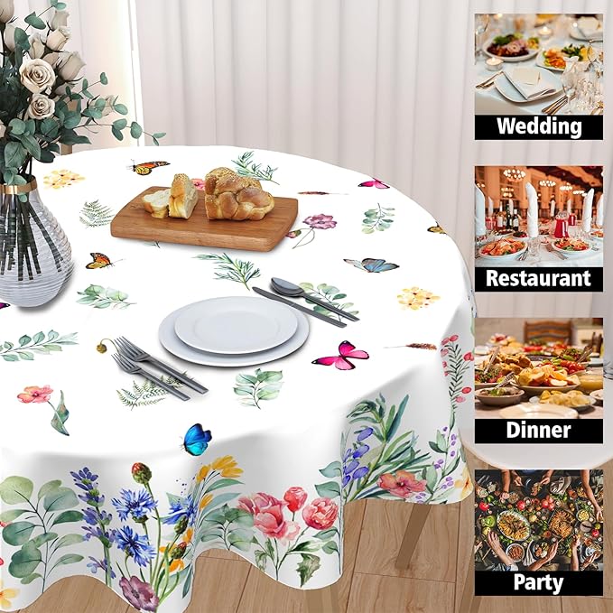 Spring Summer Floral Round Tablecloth 70 Inch Wildflower Butterfly Table Cloth Washable Farmhouse Table Covers Holiday Table Cover for Kitchen Party Dinner Decor