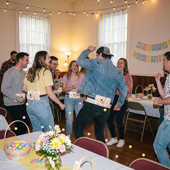 4 Sets Easter Party Games Swing Shaking Balls Game Colorful Egg Novelty Twerk Game with 4 Adjustable Belts and 80 Balls for Adults Garden Outdoor Indoor Group Holiday