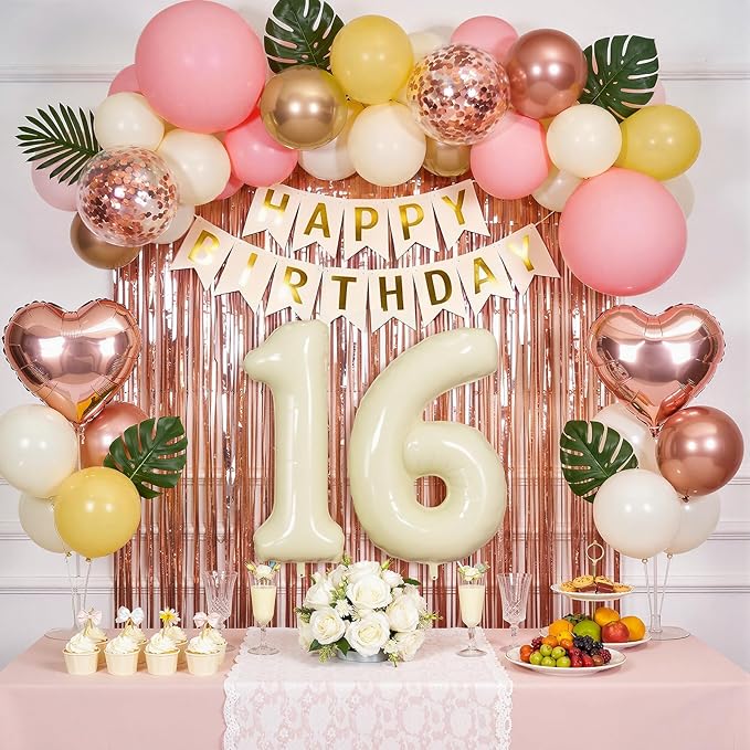 Sweet 16 Birthday Decorations for Girl, Retro Sand White and Cream Balloon Garland Kit, Cream Number 16 Balloon, Pink Happy 16th Banner, 16 Year Old Party Supplies