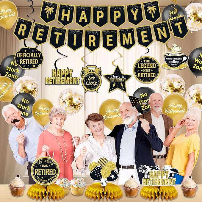 25Pcs Retirement Party Decorations for Men Women, Black Gold Happy Retirement Banner Balloons Party Supplies, The Legend Has Retired Farewell Theme Honeycomb Centerpiece Swirl Decor