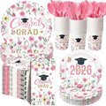 400 Pcs Class of 2026 Pink Floral Graduation Decorations for 50 Guests, Pink Gold Flower Graduation Paper Plates Napkins and Cups Cutlery Grad Tableware for 2026 Congrats Grad Party Supply