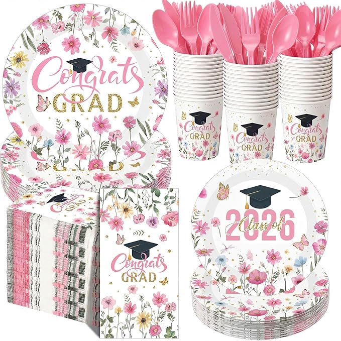 400 Pcs Class of 2026 Pink Floral Graduation Decorations for 50 Guests, Pink Gold Flower Graduation Paper Plates Napkins and Cups Cutlery Grad Tableware for 2026 Congrats Grad Party Supply
