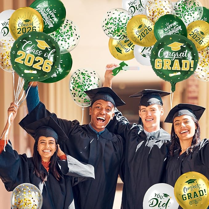 Green and Gold Graduation Balloons Graduation Decorations 2026, 51Pcs Grad Latex Balloons and Grad Foil Balloon with Confetti Ribbons Grad Party Decorations for College High School