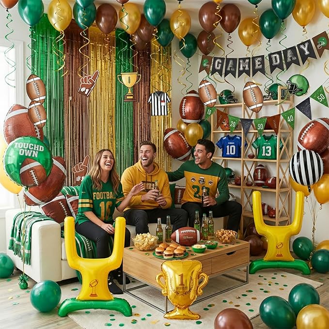 Football Balloons dark green brown Balloons with Banner Hanging Swirl Fringe Curtain Goal Post Football Balloons for Sports Birthday Boys first year touch down party decorations