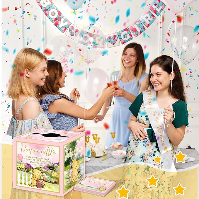 Winnie Baby Shower Decorations-Winnie Baby Shower Games-Pooh Party Decorations-Baby Shower Diaper Raffle Box-Pink