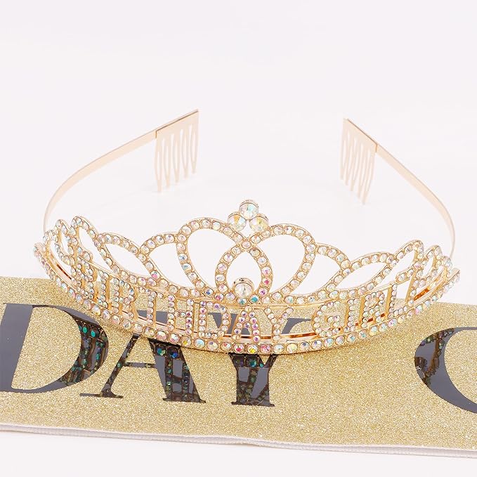 Chanaco Happy Birthday Crown for Women, Birthday Sash and Crown for Girls, Tiara and Sashes Kit, Rhinestone Hair Accessories “BIRTHDAY GIRL” Sash for Party Favors