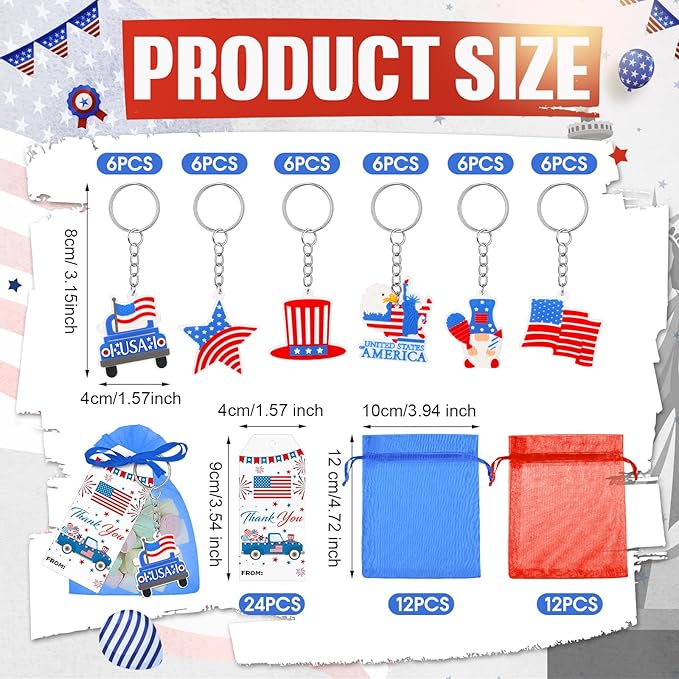 250 Years Anniversary American Independence Day Gifts for Boy 4th of July Keychain Gift Set Gift Tags USA Organza Bags for Fourth of July Key Chain Classroom Reward National Day Gifts