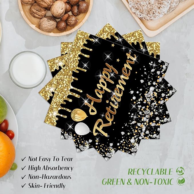 72Pcs Happy Retirement Party Decorations - Retirement Party Supplies Plates and Napkins Sets with Forks, Disposable Black Gold Tableware Set