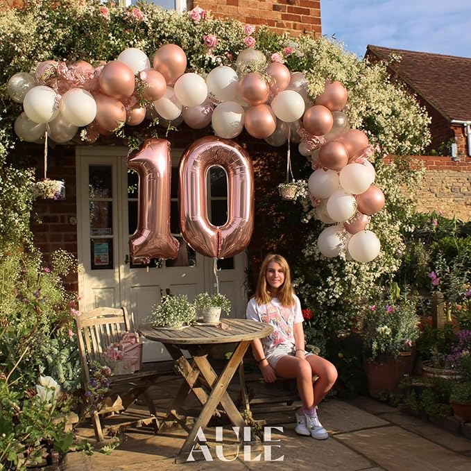 AULE 40 Inch Large 10 Number Balloons Rose Gold Big Foil Number Balloons Giant Helium Happy 10th Birthday Party Decorations for Women Huge Mylar Anniversary Supplies