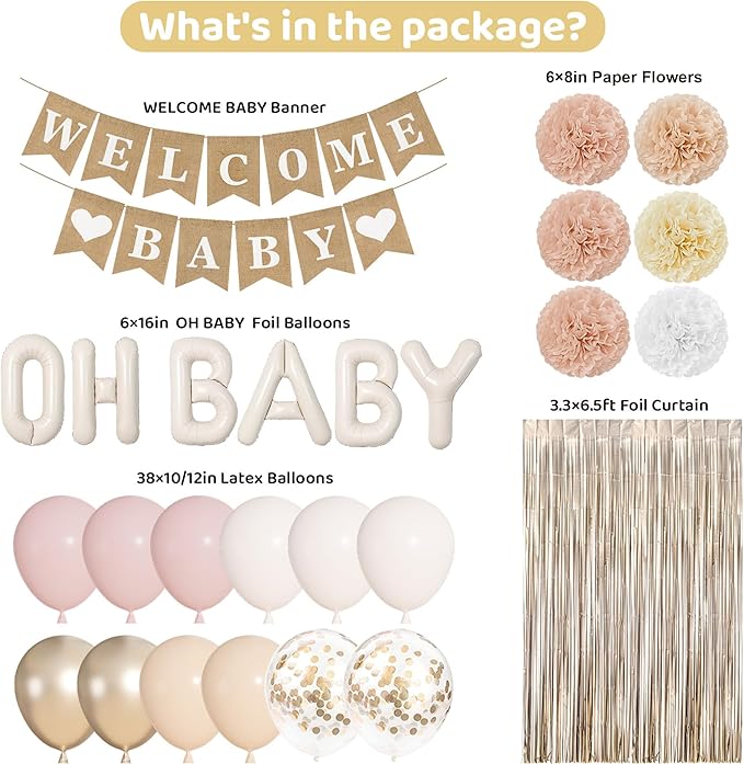 Ouddy Party Champagne Gold Boho Baby Shower Decorations for Girl with Welcome Baby Banner Dusty Pink White Nude Foil Balloons Fringe Curtain Paper Pom Poms for Baby Shower Gender Reveal Party Supplies