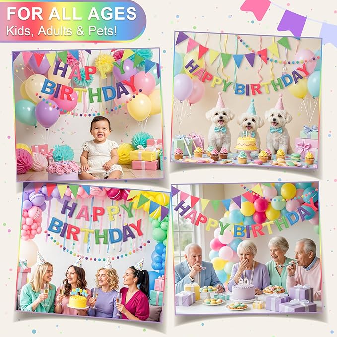Pre-Strung Happy Birthday Banner & Felt Garland Set - Pastel Birthday Decorations for Women Girls | Reusable Party Supplies for Indoor & Outdoor
