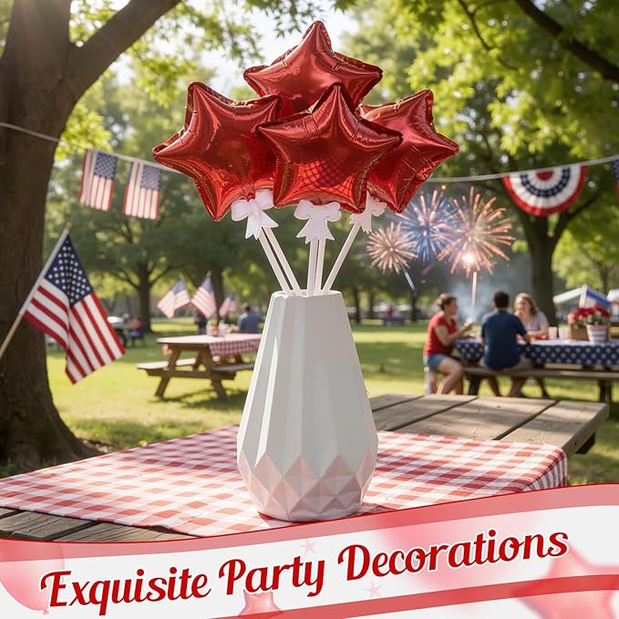 30 Pcs Star Self Inflatable Balloons with Bow Stems Star Foil Balloons Mini Pentagram Decoration for Patriotic Independence Day Graduation Birthday Baby Shower Anniversary(Red,4 Inches)