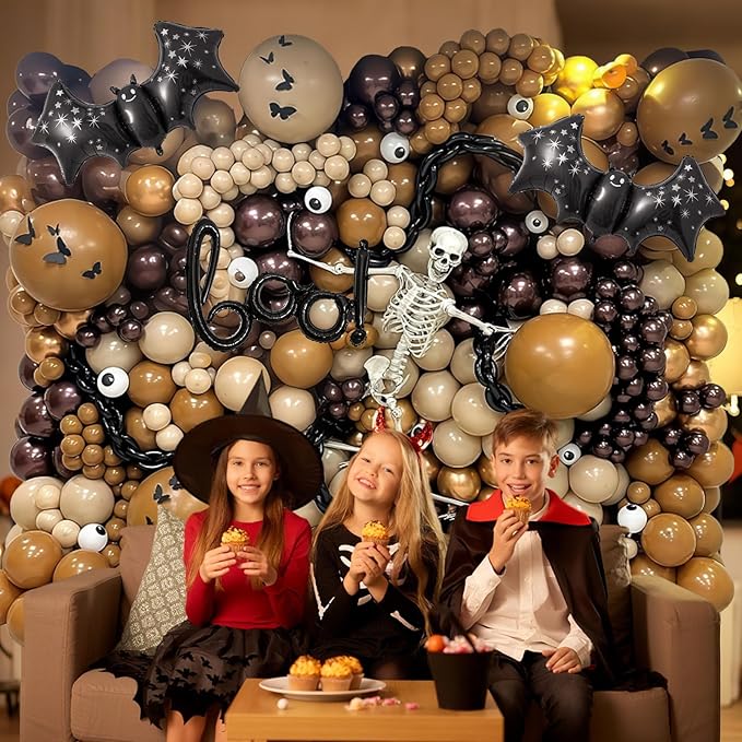 Halloween Balloon Garland Arch Kit, Scary Halloween Decorations 3D Bat Boo Foil Balloons Spooky Red Dark Brown Eyeball Latex Balloons for Indoor Outdoor Fall Bloody Horror Birthday Party Decorations