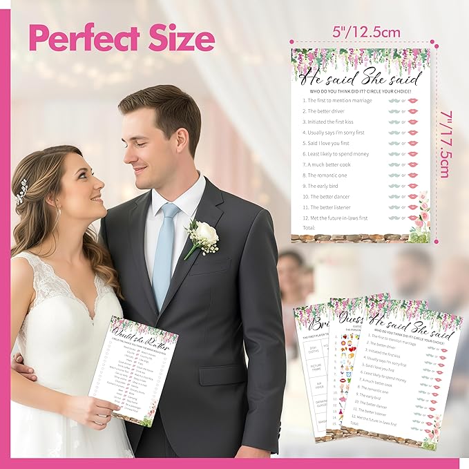 Bridal Shower Game Set, 4 Fun Games & Activities - Bingo Game/Would She Rather/He Said, She Said/Guess The Word for 30 Guests, All-in-one Set Wedding Party Supplies