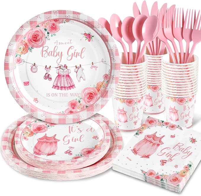 168Pcs Baby Shower Decorations for Girl, Pink Floral Baby Shower Party Tableware Serves 24,A Sweet Little Girl is on The Way Plates Sets for Gender Reveal Birthday Party Decorations