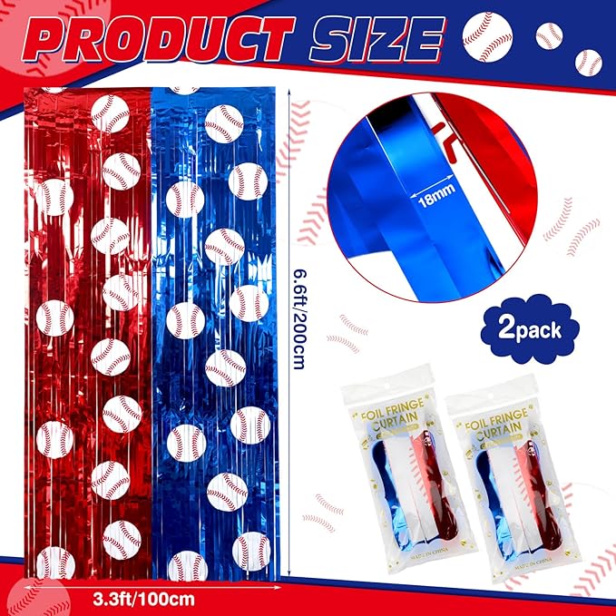 Soulchen 2 Pack Baseball Birthday Party Decorations 3.3 x 6.6 ft Baseball Backdrop Red Blue White Sports Foil Fringe Curtain Photo Props Sports Birthday Banner Party Supplies