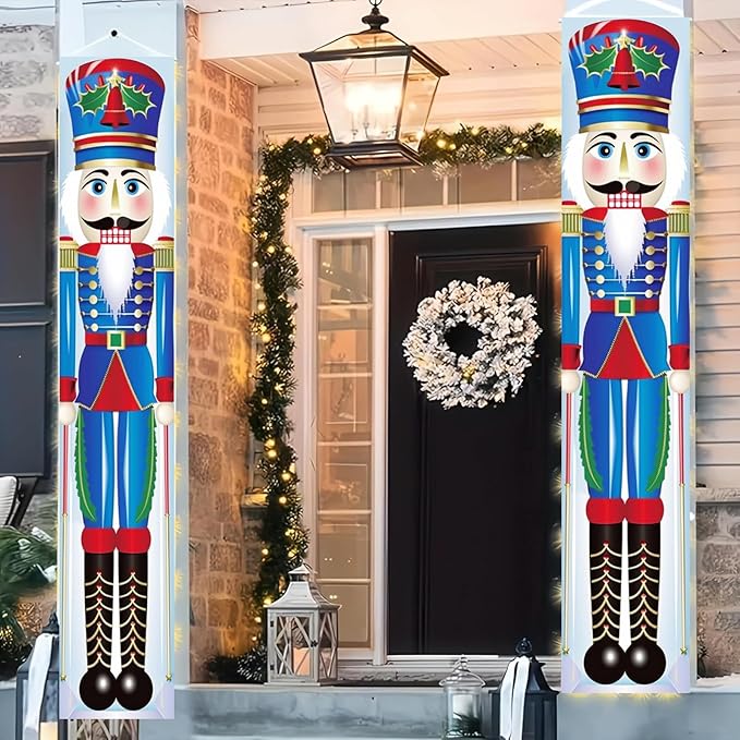 Christmas Nutcracker Door Banner 12x71 Inch Soldier Couplets Decoration for Front Porch Holiday Entryway Outdoor Xmas Wall Decor with Red Blue Toy Guard Design