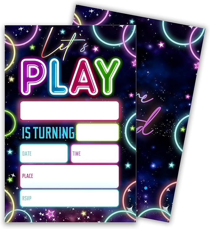 Laser Birthday Invitations, Let's Party Theme Neon Glow Party Invites Cards for Boys Girls, Fill-In Style 20 Pack Double Sided with Envelopes, 4 × 6 Inch