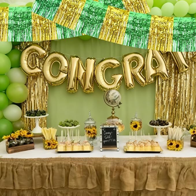 BEISHIDA 3 Packs Metallic Foil Fringe Garland Green Gold Wall Hanging Tinsel Fringe Banners for Car Floats Bridal Shower Wedding Birthday Graduation Holiday Party Decoration(30 Feet)