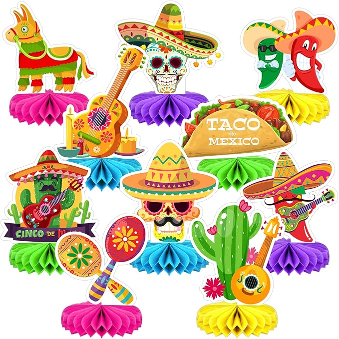 10Pcs Cinco De Mayo Decorations Mexican Fiesta Honeycomb Table Centerpieces Decorations for Carnivals Festivals Themed Birthday Party Cinco De Mayo Fiesta Taco Party Supplies