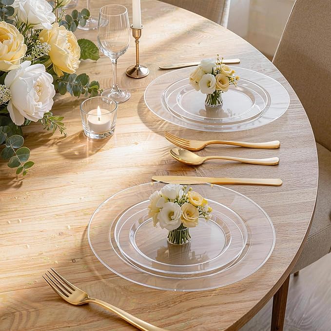 WDF 200PCS Clear Plastic Plates for Party - Heavy Duty Clear Disposable Plates - 100 x 10 Dinner Plate and 100 x 7 Dessert/Cake Plastic Plate for Weddings/Traval/Party/BBQ/Events