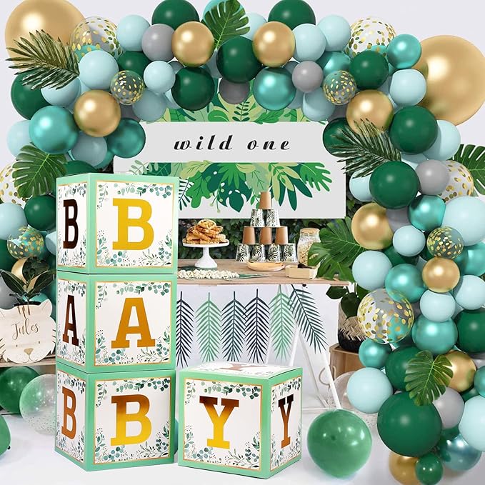 Sage Green Baby Boxes with Letters for Baby Shower, 4pcs Safari Baby Shower Decorations for Boys and Girl Balloon Boxes Gender Reveal Party Favors