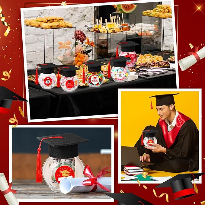 20 Sets Glass Graduation Cap Candy Jars Class of 2026 Graduation Party Decorations Candy Boxes Containers with Sticker for 2026 Grad Ceremony Party Supplies DIY(Red and Gold)