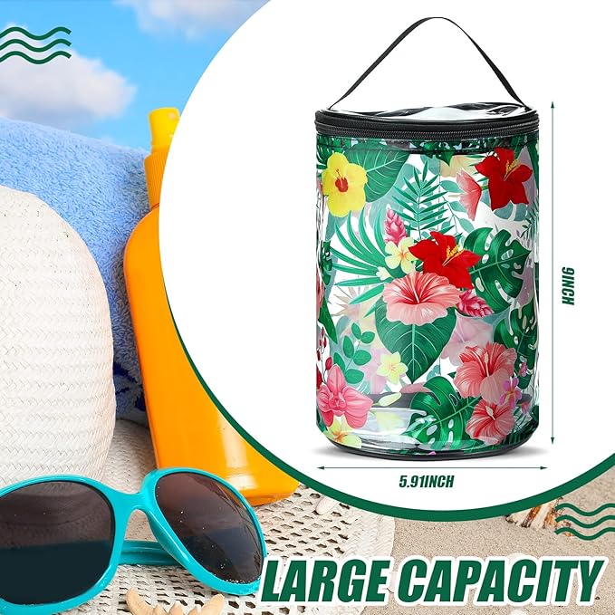 Sanwuta Beach Gifts Heavy Duty Clear Lotion Toiletry Bags for Travel Sunscreen Makeup Cosmetic Pouch Cylinder Bag Waterproof Portable Trip Bag with Handle Zipper(Hibiscus Flowers)