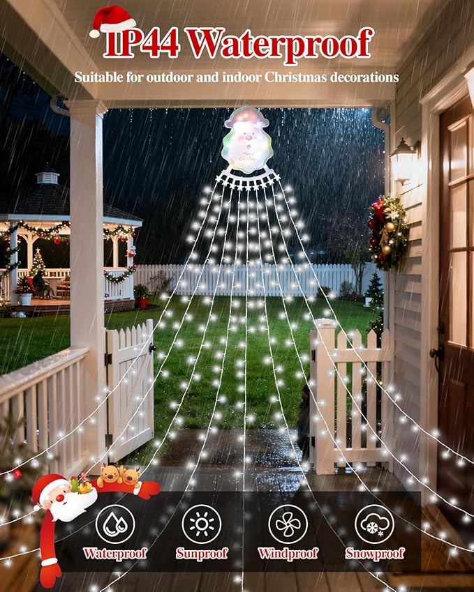 Christmas Waterfall Outdoor String Lights, Christmas Tree Lights with Topper 335 LED 11.48ft 9 Strands, 8 Lighting Modes Holiday New Year Decoration Lights for Wedding Yard Party Home Indoor Decor