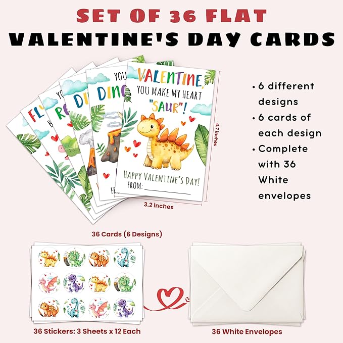Pawzity 36 Packs Valentines Day Cards for Kids - Dinosaur Valentines Day Card for Kids Classroom School Party Favors, Boys, Girls, Toddlers - 3.2''x 4.7'' Dino Cards Exchange & Envelopes, Stickers