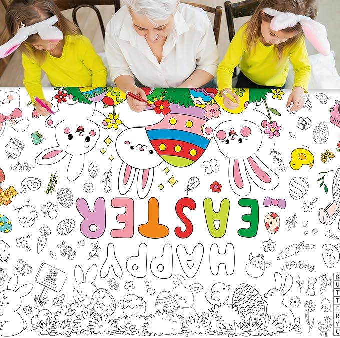 Giant Easter Coloring Tablecloth, 54" x 108" Easter Crafts Table Cloth, Coloring Tablecloth Disposable for Crafts Party Decorations, Rectangular Painting Poster Banner Art Activities with Bunny Eggs