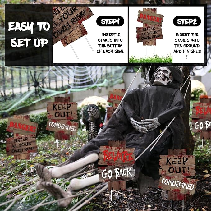 3 PCS Beware Signs Yard Stakes Halloween Outdoor Decorations Warning Sign, Halloween Yard Signs, Scary Lawn Decor Zombie Theme Party Supplies