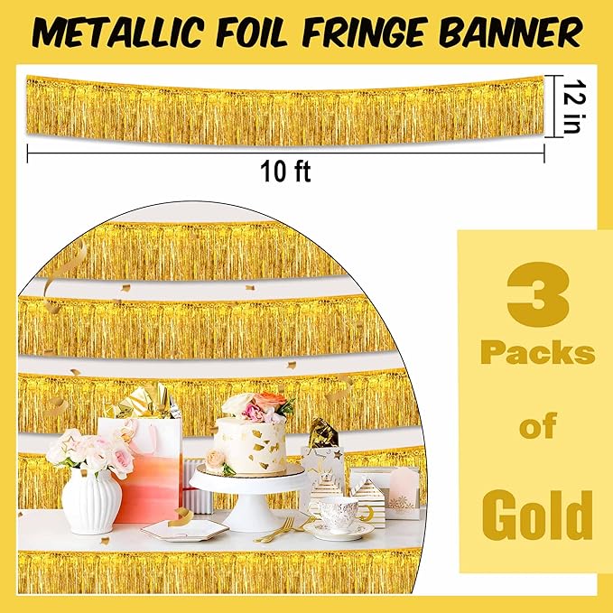 3 Pack 10 Ft Gold Foil Fringe Garland Metallic Streamers Tinsel Banner Wall Hanging Garland Backdrop for Parade Floats, Halloween, Christmas, Thanksgiving, New Year Party Decorations